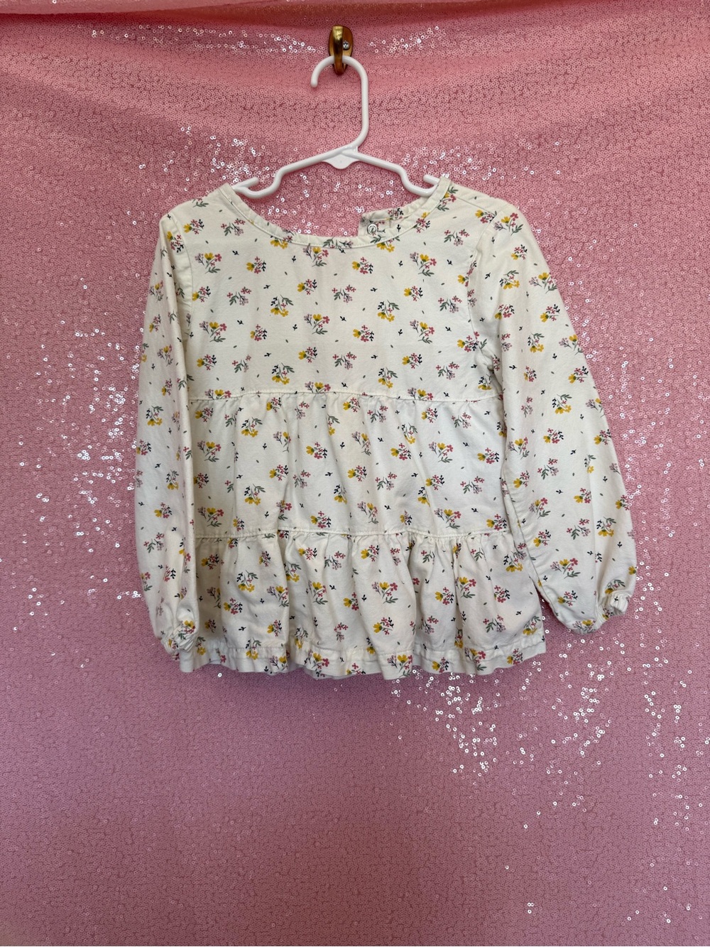 Carter's Cream Floral Ruffle-Hem Long Sleeve Top